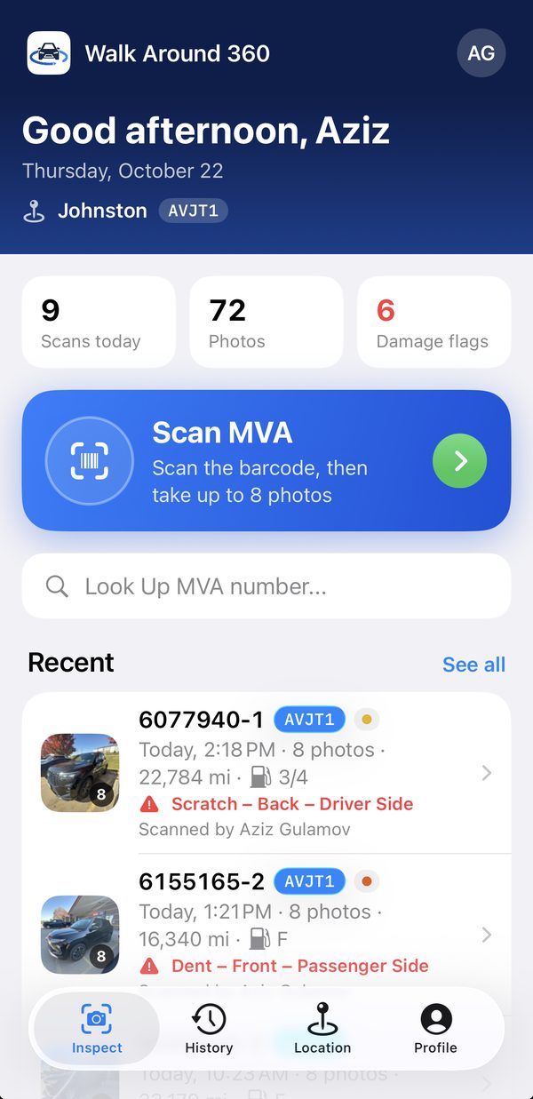 Walk Around 360 home screen: today's scans, photos and damage flags, Scan MVA and recent walk-arounds