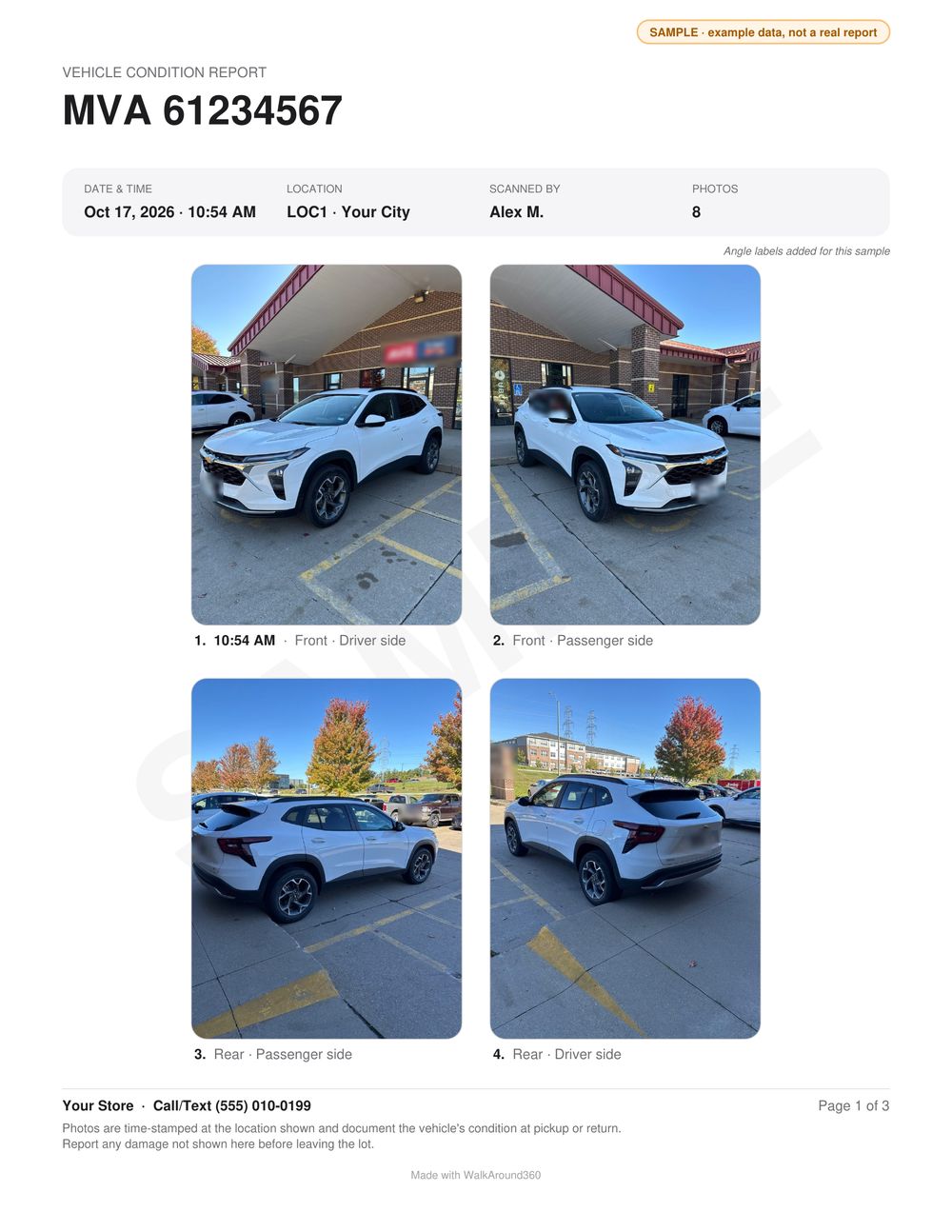 Page 1 of a sample Walk Around 360 vehicle condition report: MVA, date, location and four walk-around photos